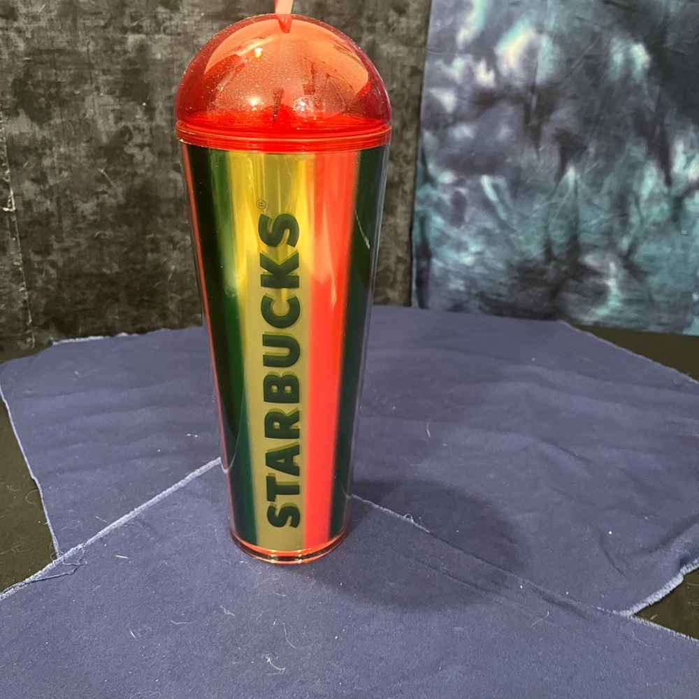 NWT Starbucks Christmas Glitter Dome Striped Cold Cup Venti Red Green Gold 2024